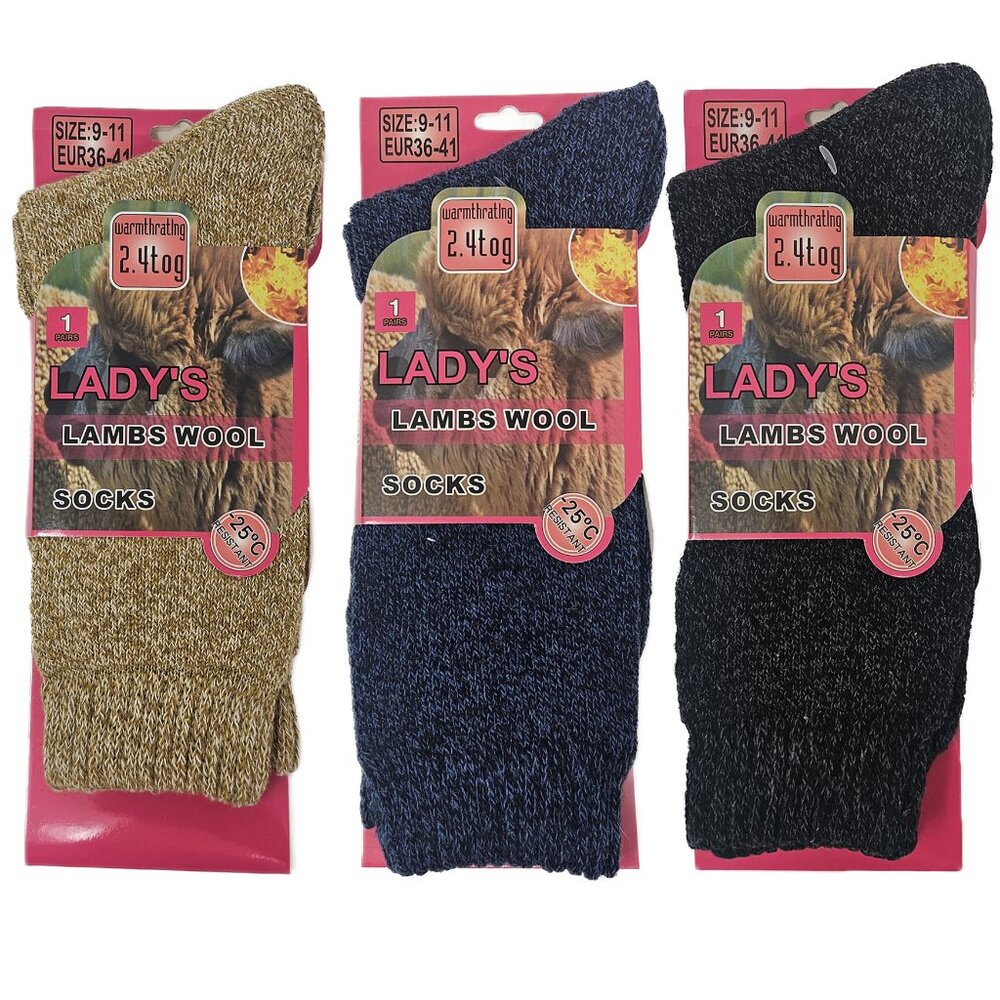 Women Lamb Wool Socks, Heavy Duty Winter Warm Boots Crew Sock Marled 3-Pairs NEW